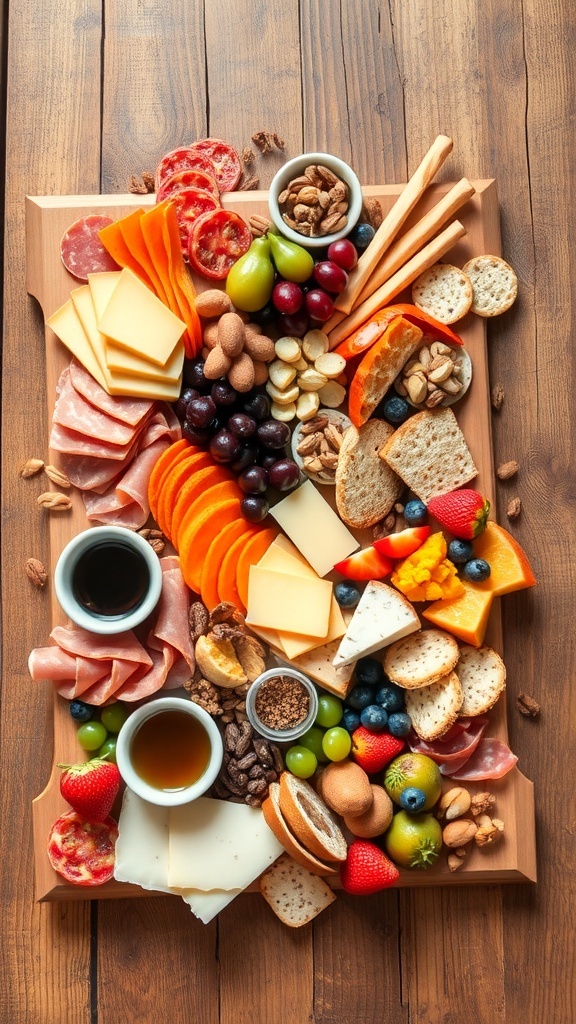 A letter-shaped charcuterie board with meats, cheeses, fruits, and nuts, elegantly displayed.